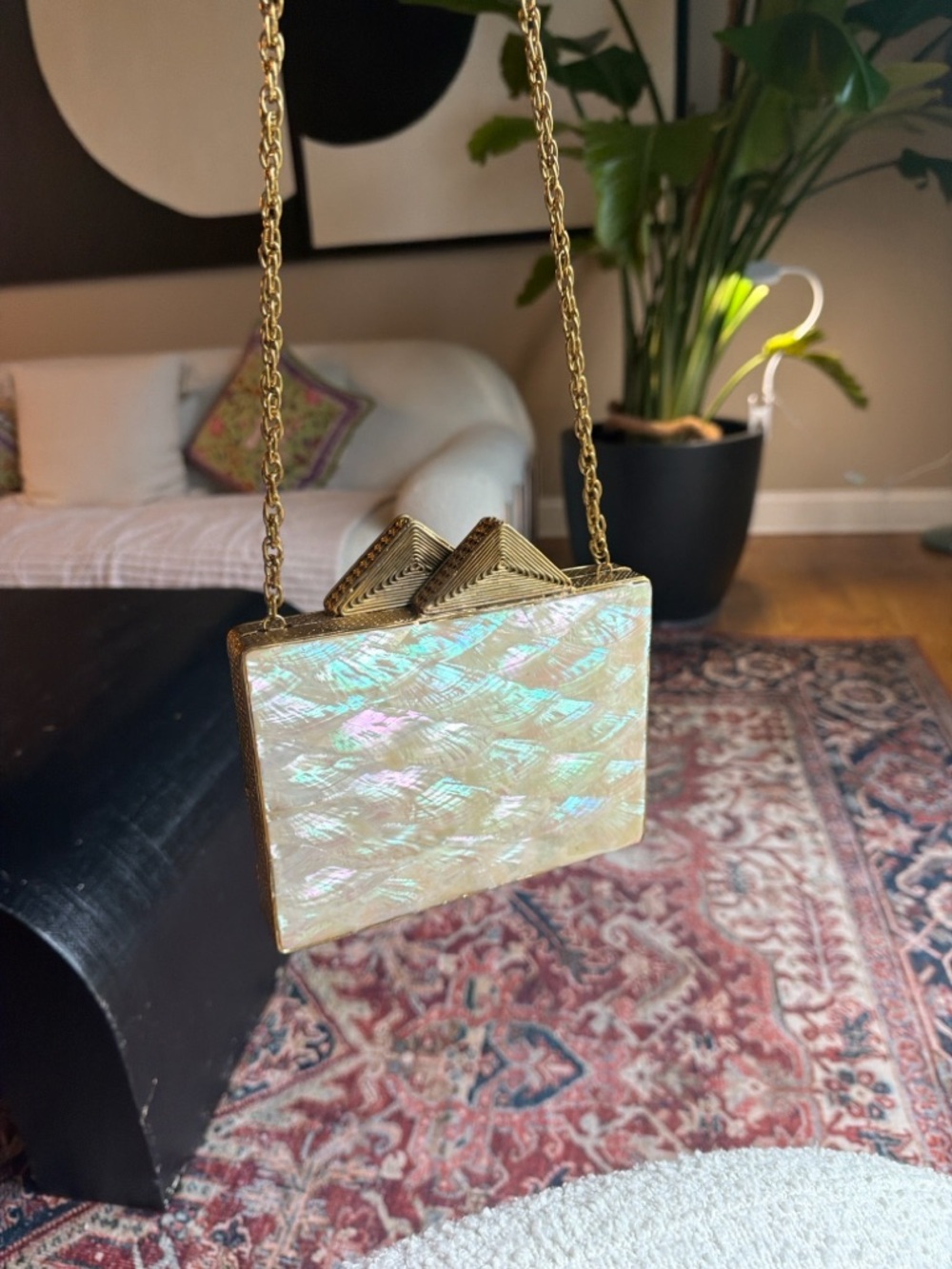 Iridescent Shell Effect Box Clutch with Gold Chain - Picture 10 of 12